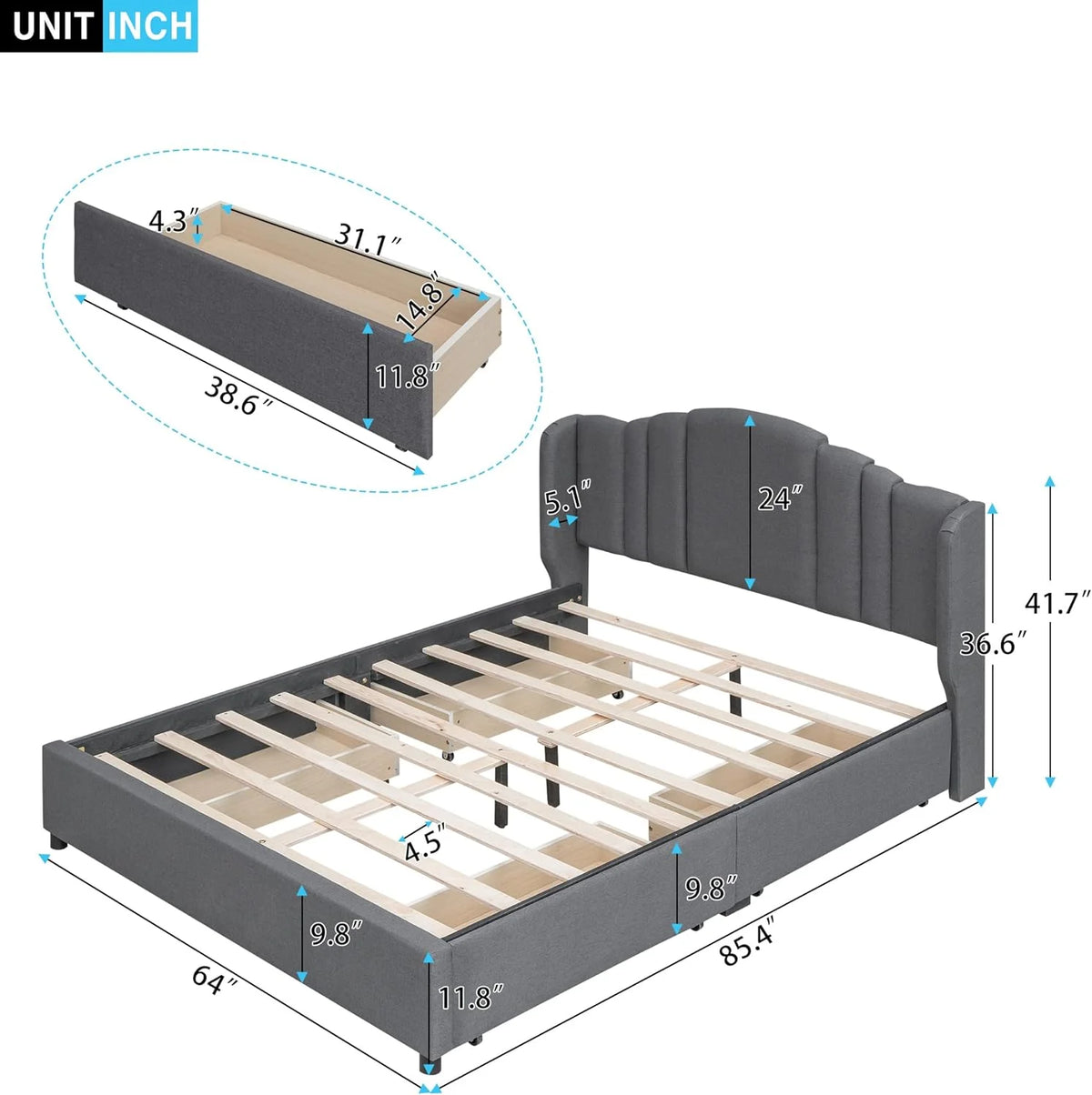 Queen Size Upholstered Platform Bed with Wingback Headboard and 4 Drawers, Wood Bed Frame M25334