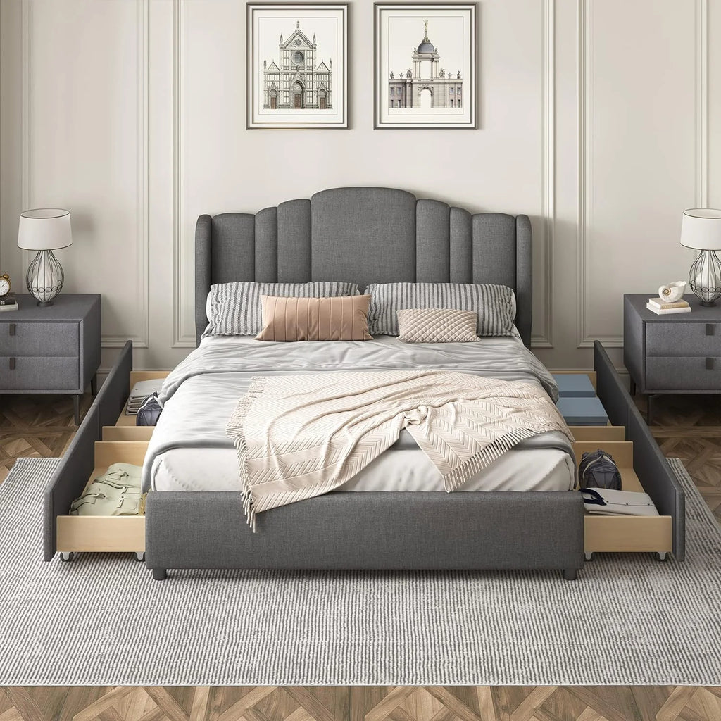 Queen Size Upholstered Platform Bed with Wingback Headboard and 4 Drawers, Wood Bed Frame M25334