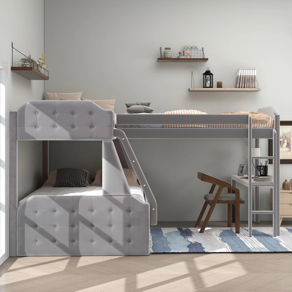 Gray Upholstered Twin over Full Bunk Bed with Built-in Desk L70716