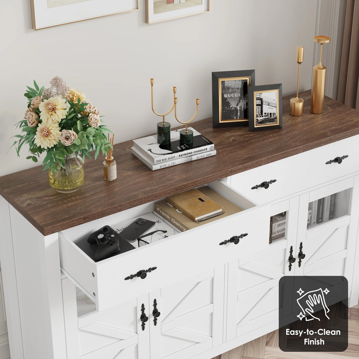 2 Drawer Glass Door Wood Sideboard P308