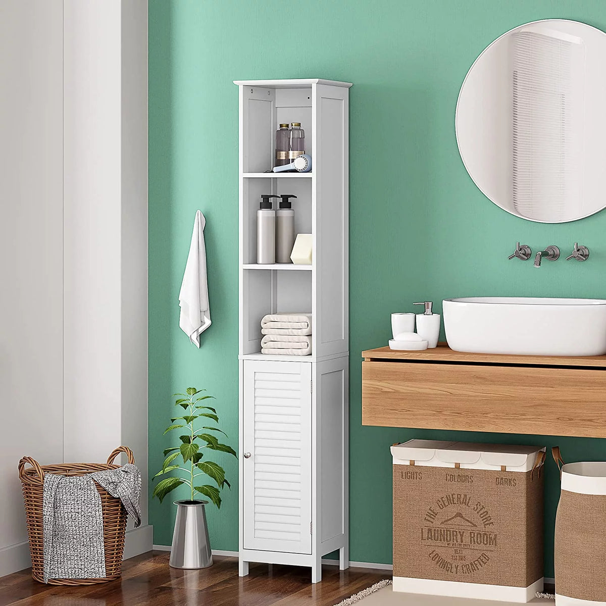 White Tall Narrow Wood Bathroom Storage Cabinet P6530