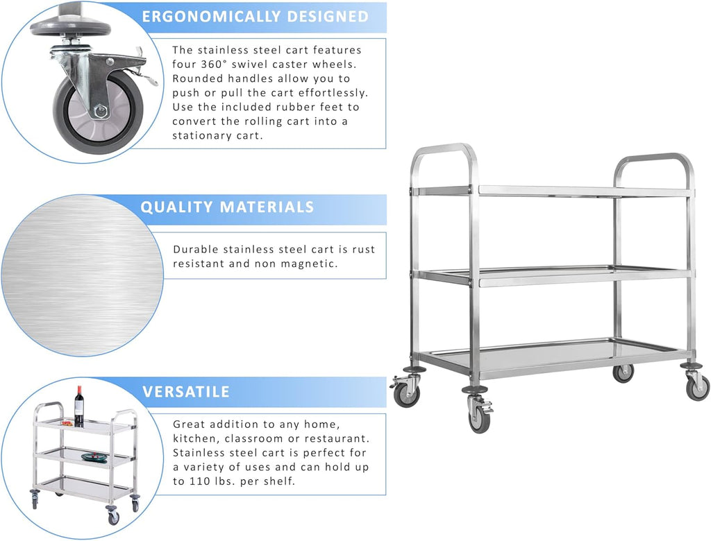 Stainless Steel 3 Tier Rolling Utility Cart with Locking Wheels K5408