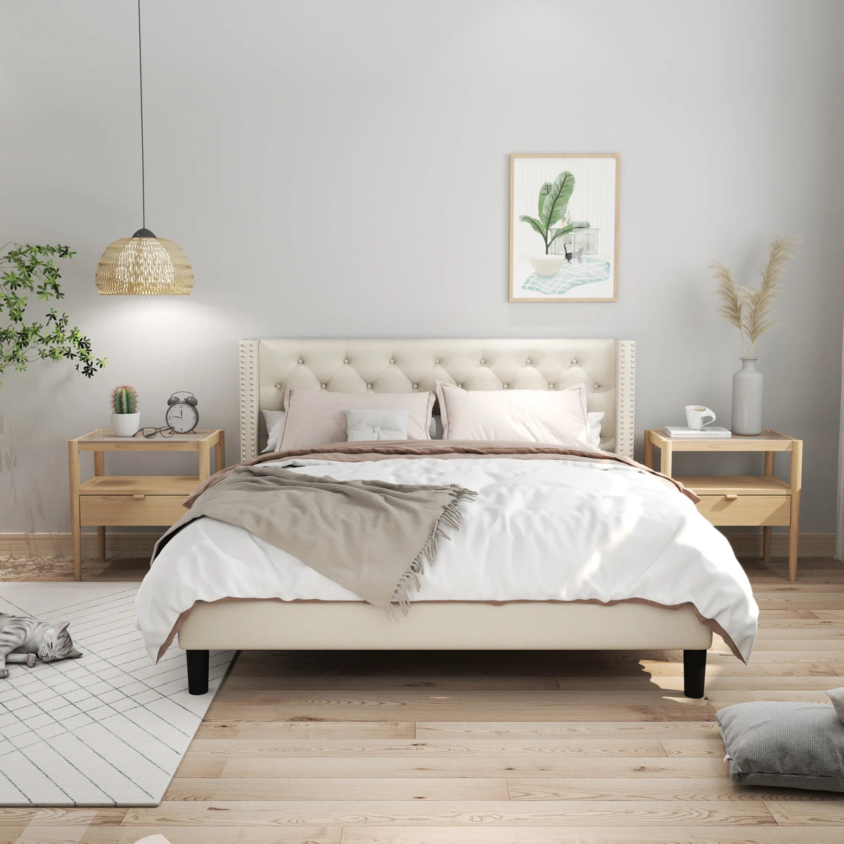 Beige Queen Size Platform Bed with Upholstered Headboard G201