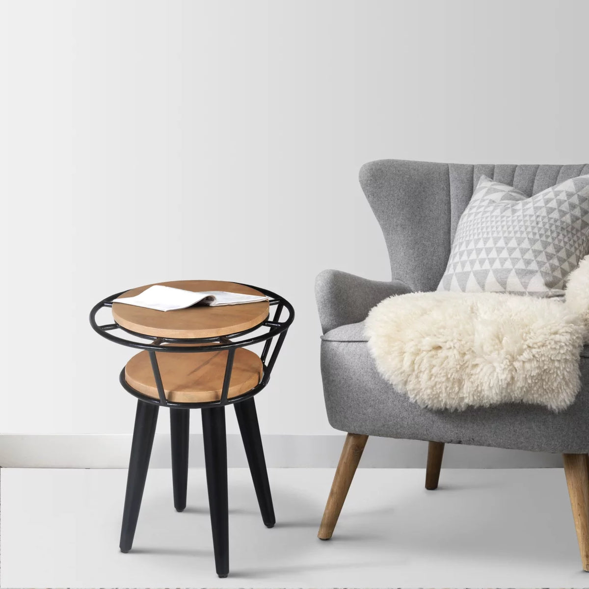 Industrial 2 Tier Round End Table with Metal Frame, White Oak and Black U83759
