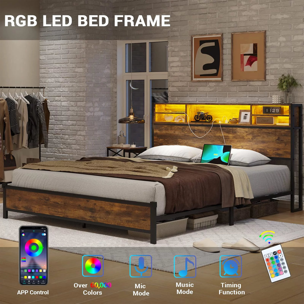 Rustic Brown Full Size Metal Platform Bed Frame with LED Headboard and USB Ports I4423