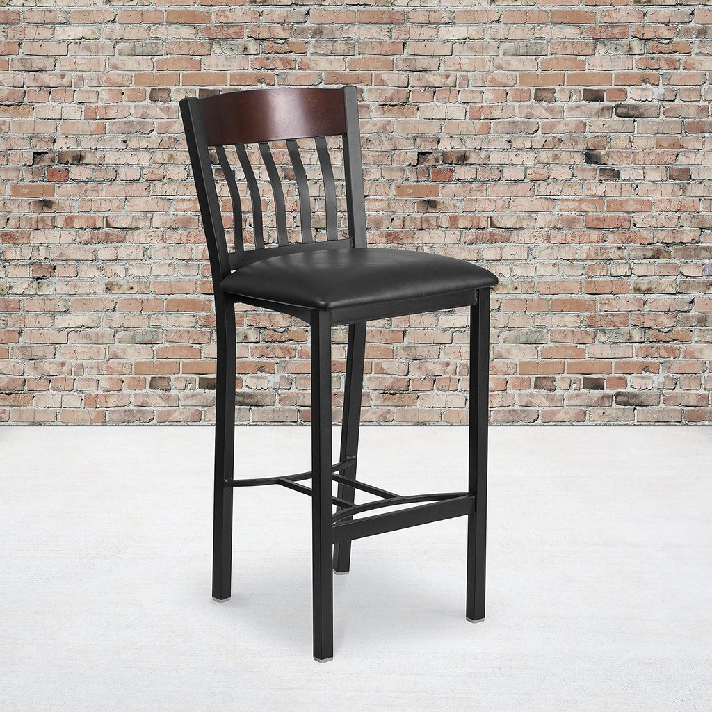 Black Metal and Walnut Wood Barstool with Black Vinyl Seat U784