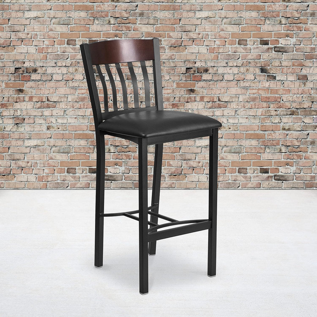 Black Metal and Walnut Wood Barstool with Black Vinyl Seat U784