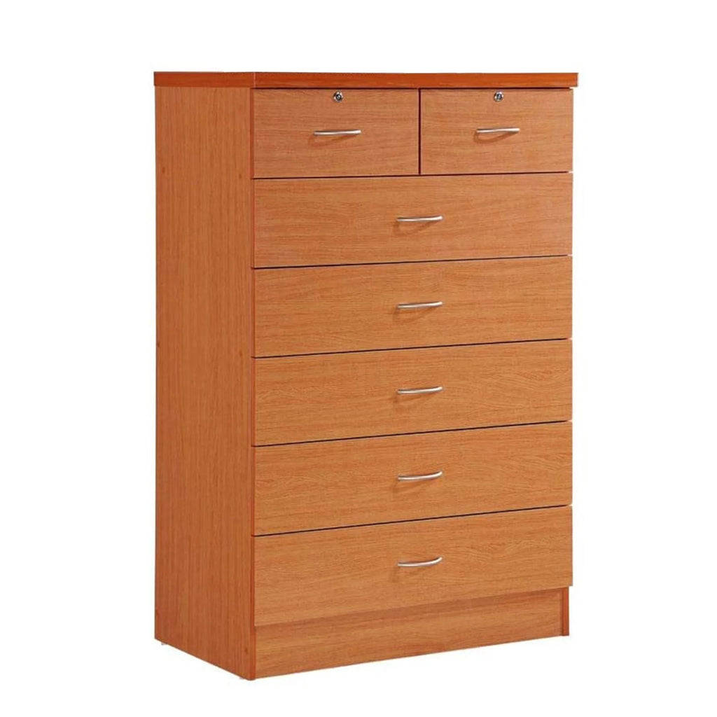 7 Drawer Wooden Dresser Chest with 2 Top Locks, Cherry I4536