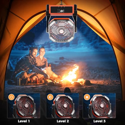 Portable Camping Fan, 20000mAh Rechargeable Battery Operated Fans with Lights, 4 Speed, Adjustable Brightness (Blue Black) K755