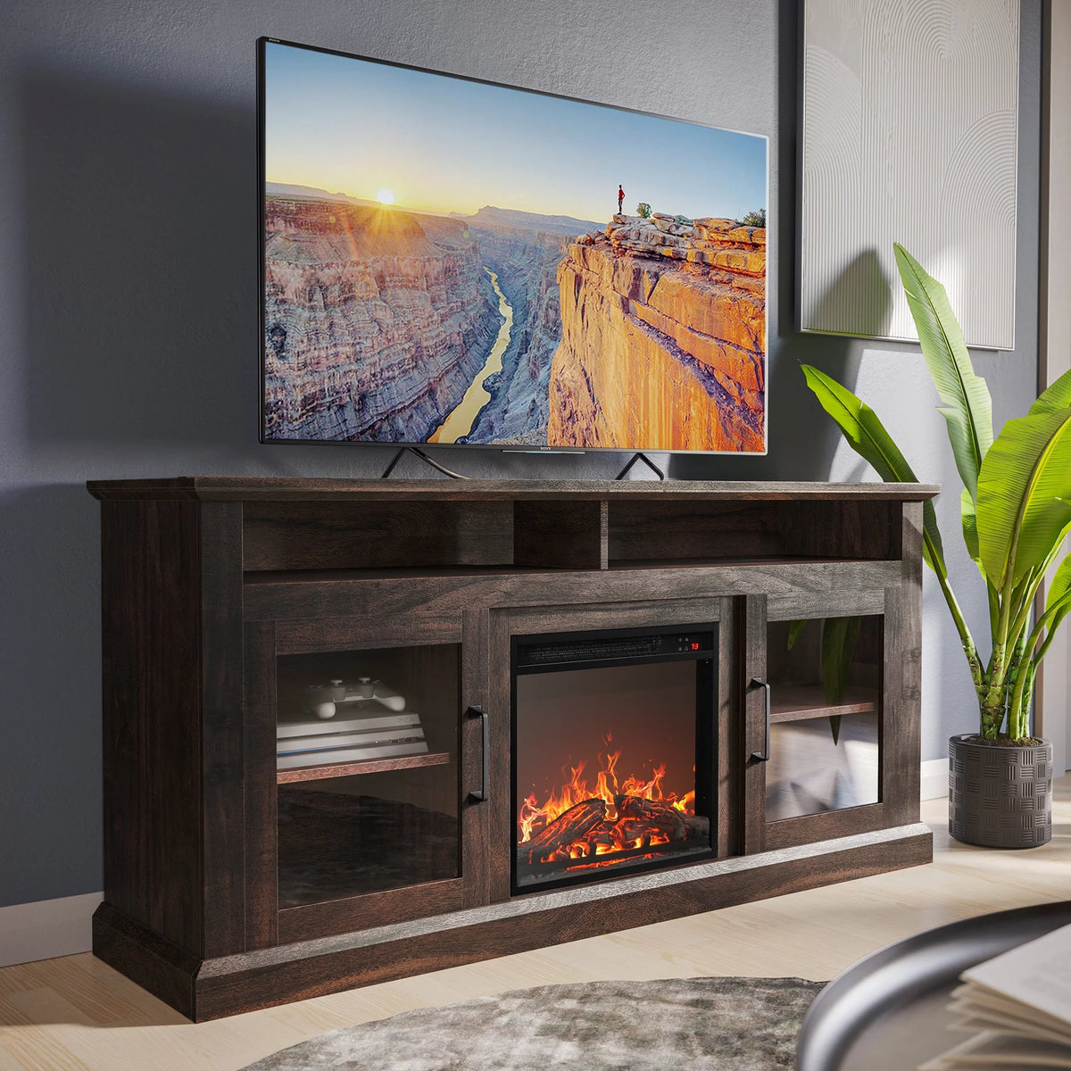 60 Traditional TV Stand with 18 Fireplace (Brown) X9900