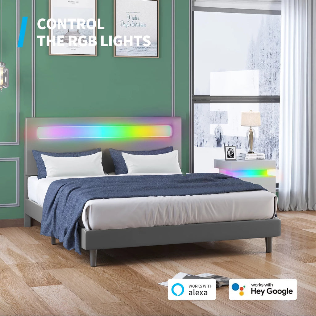 Full Size Grey Platform Bed Frame with LED Headboard W2406
