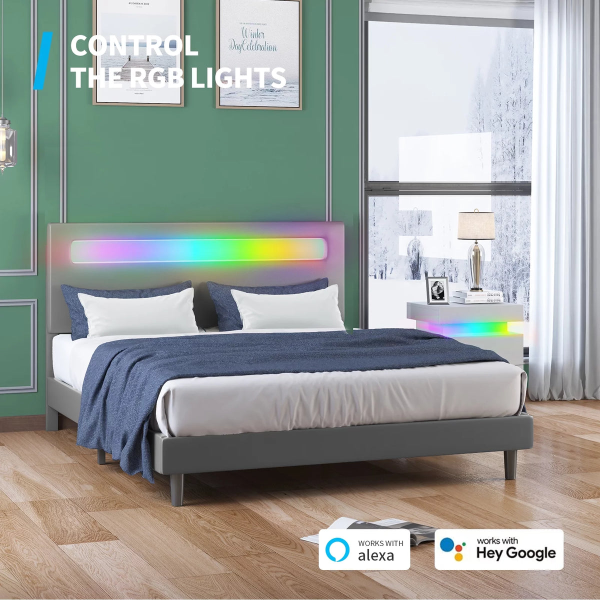 Full Size Grey Platform Bed Frame with LED Headboard W2406