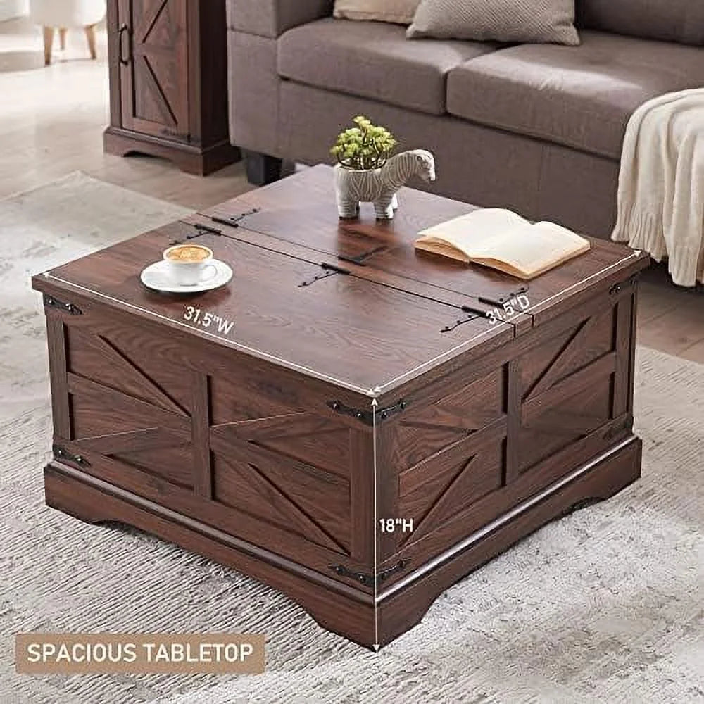 Brown Square Wood Coffee Table with Hidden Compartment L9407