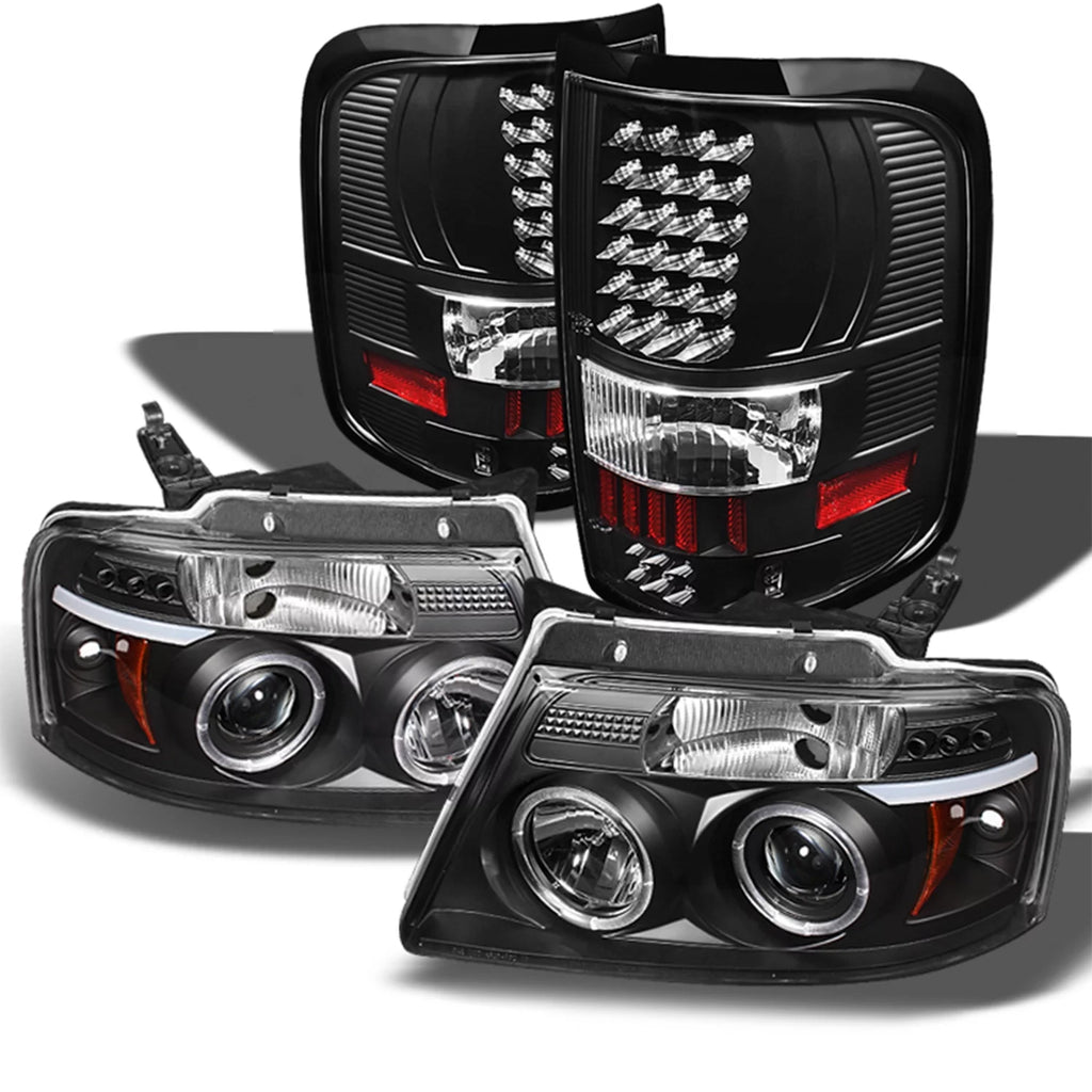 Black Bezel Dual Halo LED Projector Headlights + Tail Lamp Set B61735