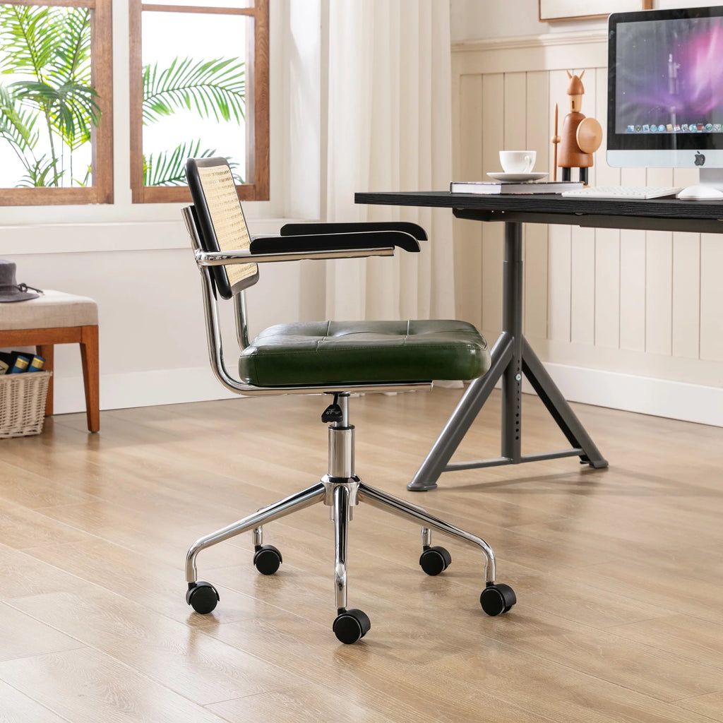 Green Faux Leather Swivel Office Chair with Rattan Back N132461
