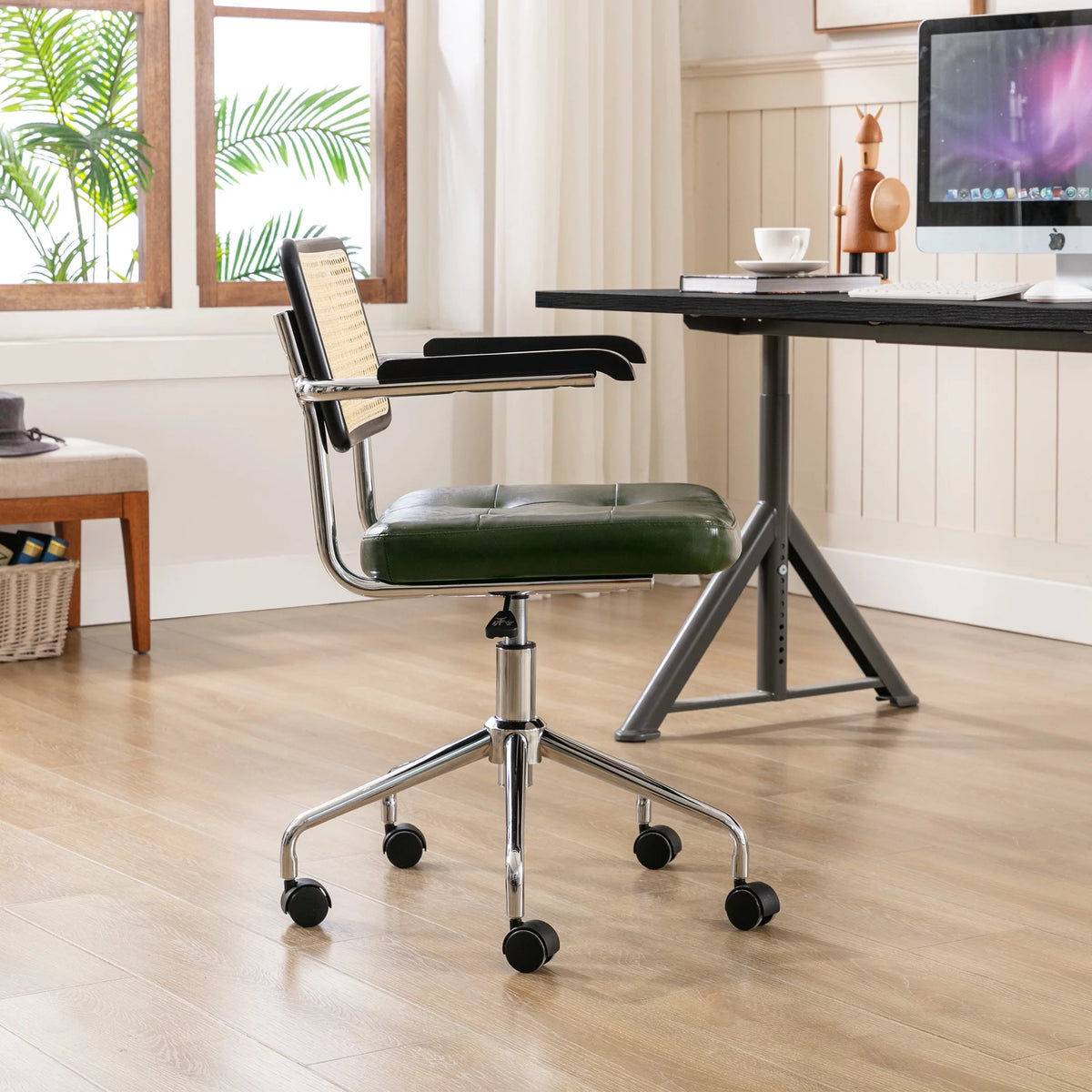 Green Faux Leather Swivel Office Chair with Rattan Back N132461