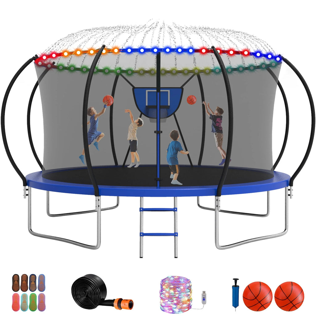 12FT 14FT Trampoline with Enclosure, Basketball Hoop, LED Light and Sprinkler T297618