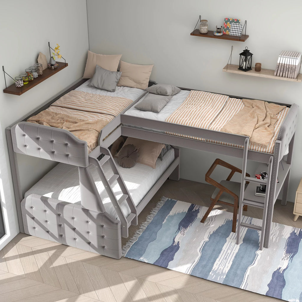 Gray Upholstered Twin over Full Bunk Bed with Built-in Desk L70716