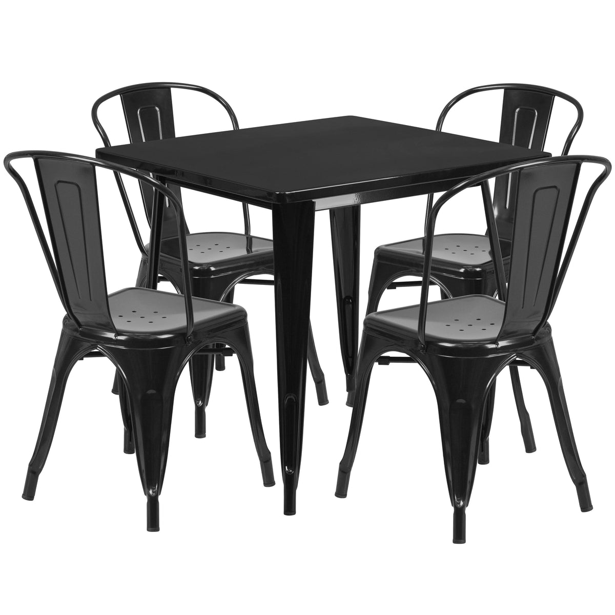 31.5'' Square Metal Indoor-Outdoor Table Set with 4 Stack Chairs Black Q786