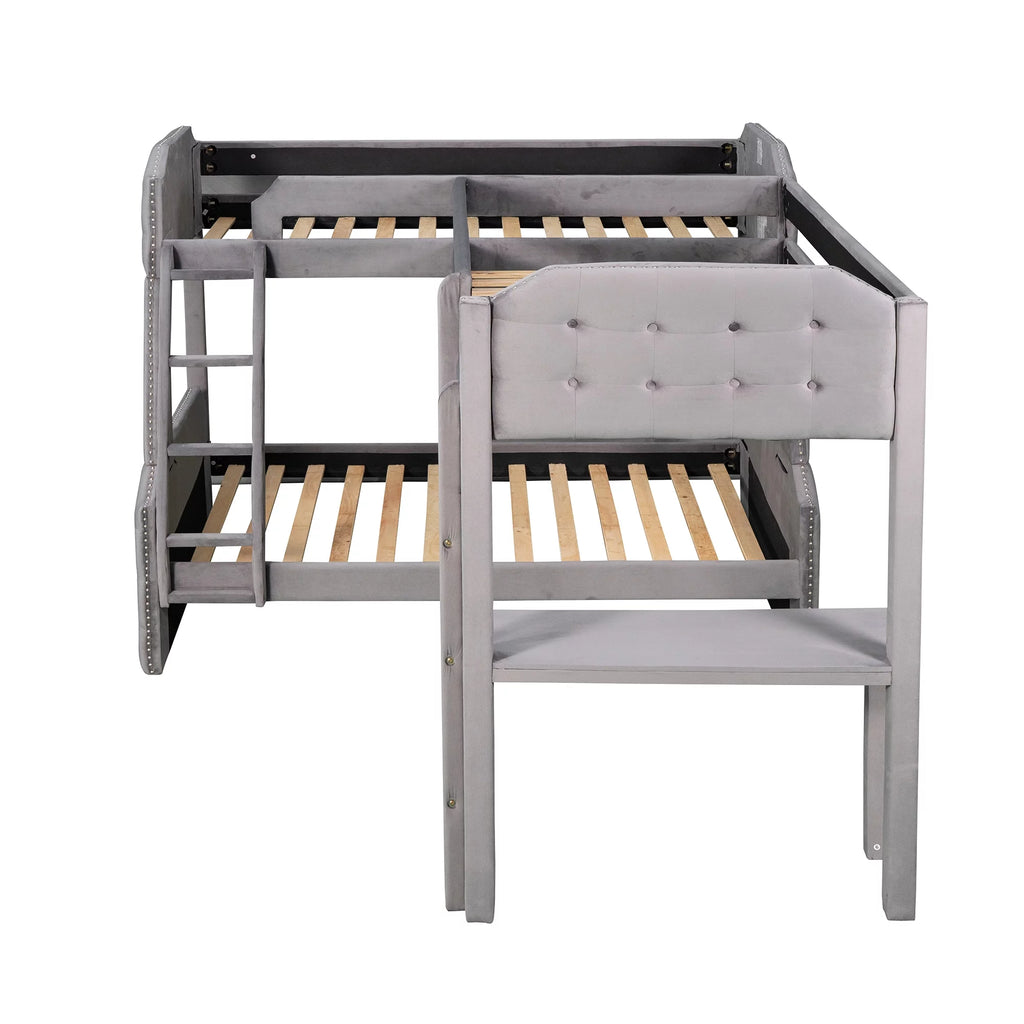 Gray Upholstered Twin over Full Bunk Bed with Built-in Desk L70716