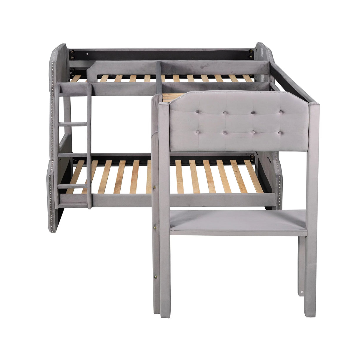 Gray Upholstered Twin over Full Bunk Bed with Built-in Desk L70716