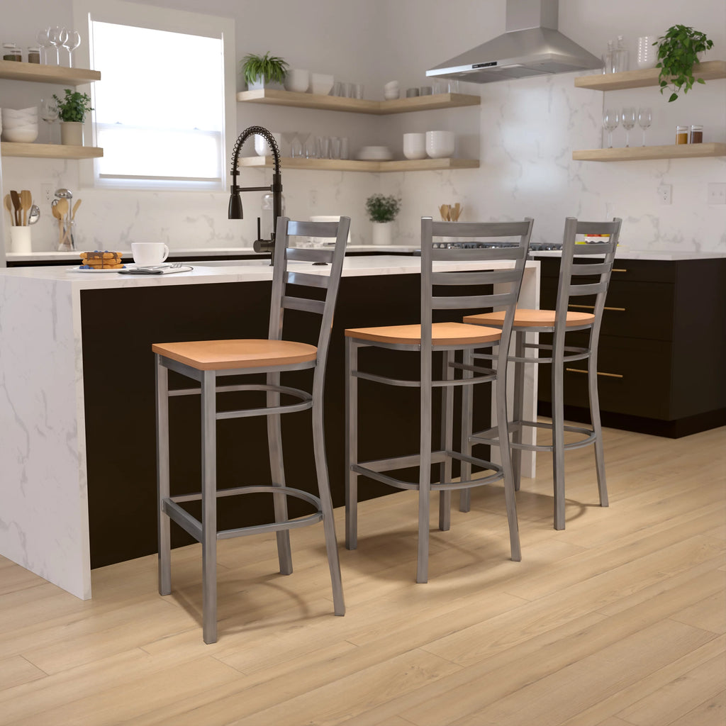 Ladder Back Metal Barstool with Natural Wood Seat Z451394