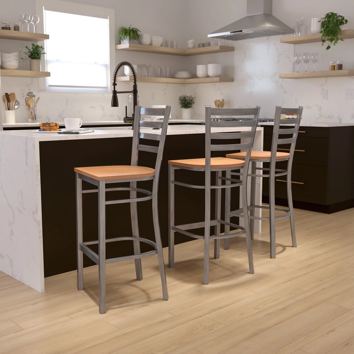 Ladder Back Metal Barstool with Natural Wood Seat Z451394