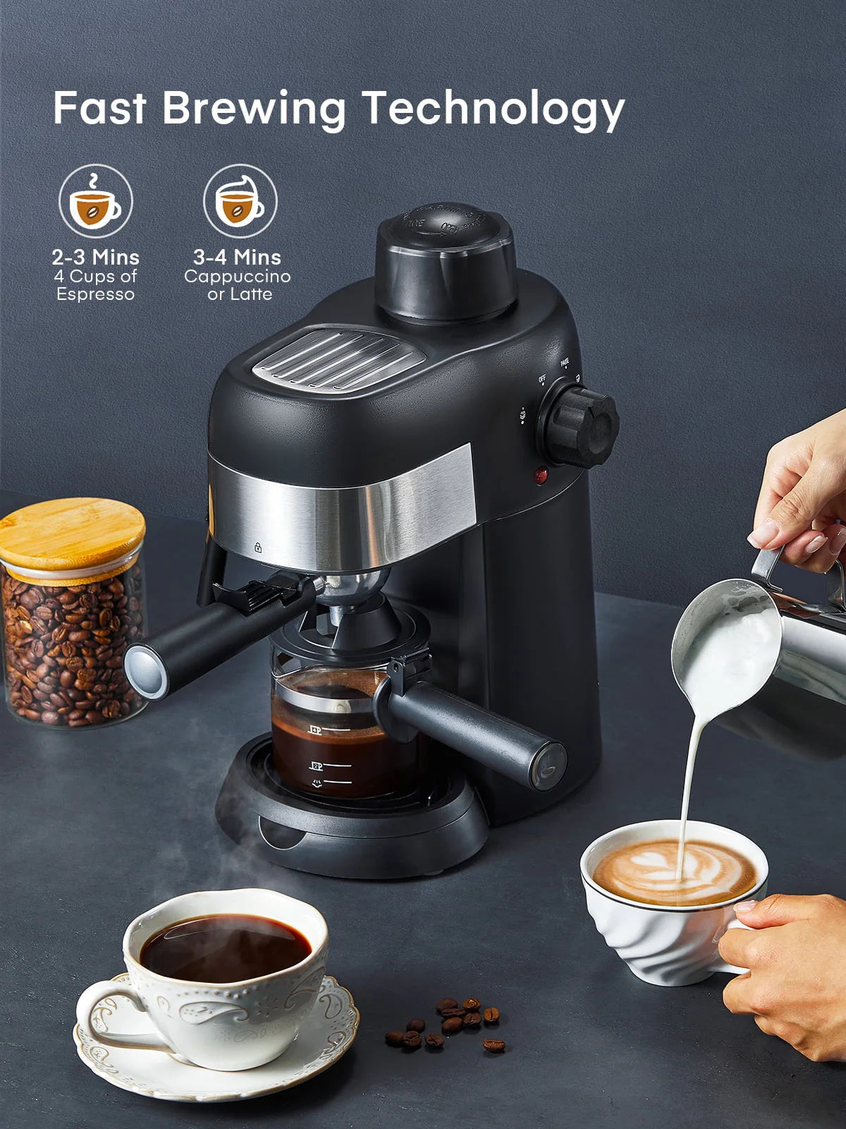 Black 3.5 Bar 4 Cup Steam Espresso Machine with Milk Frother Y9539