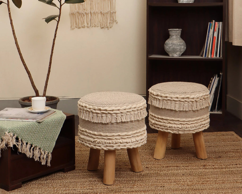 Handmade Wooden 4 Legs Tufted Seat 100% Cotton Foot Stool E1486