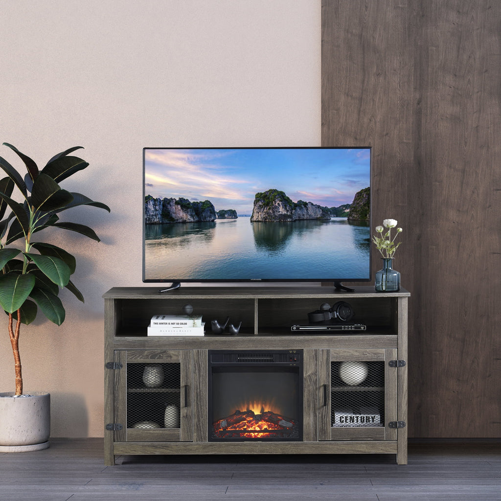 Grey TV Stand with Electric Fireplace and Storage Cabinet W5539