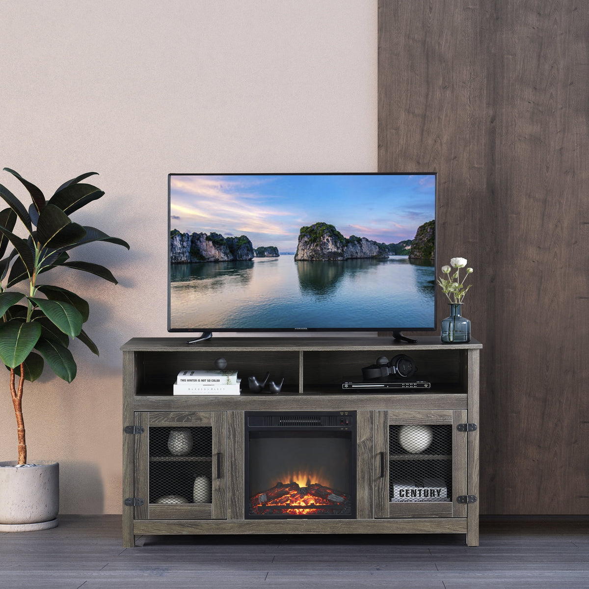Grey TV Stand with Electric Fireplace and Storage Cabinet W5539