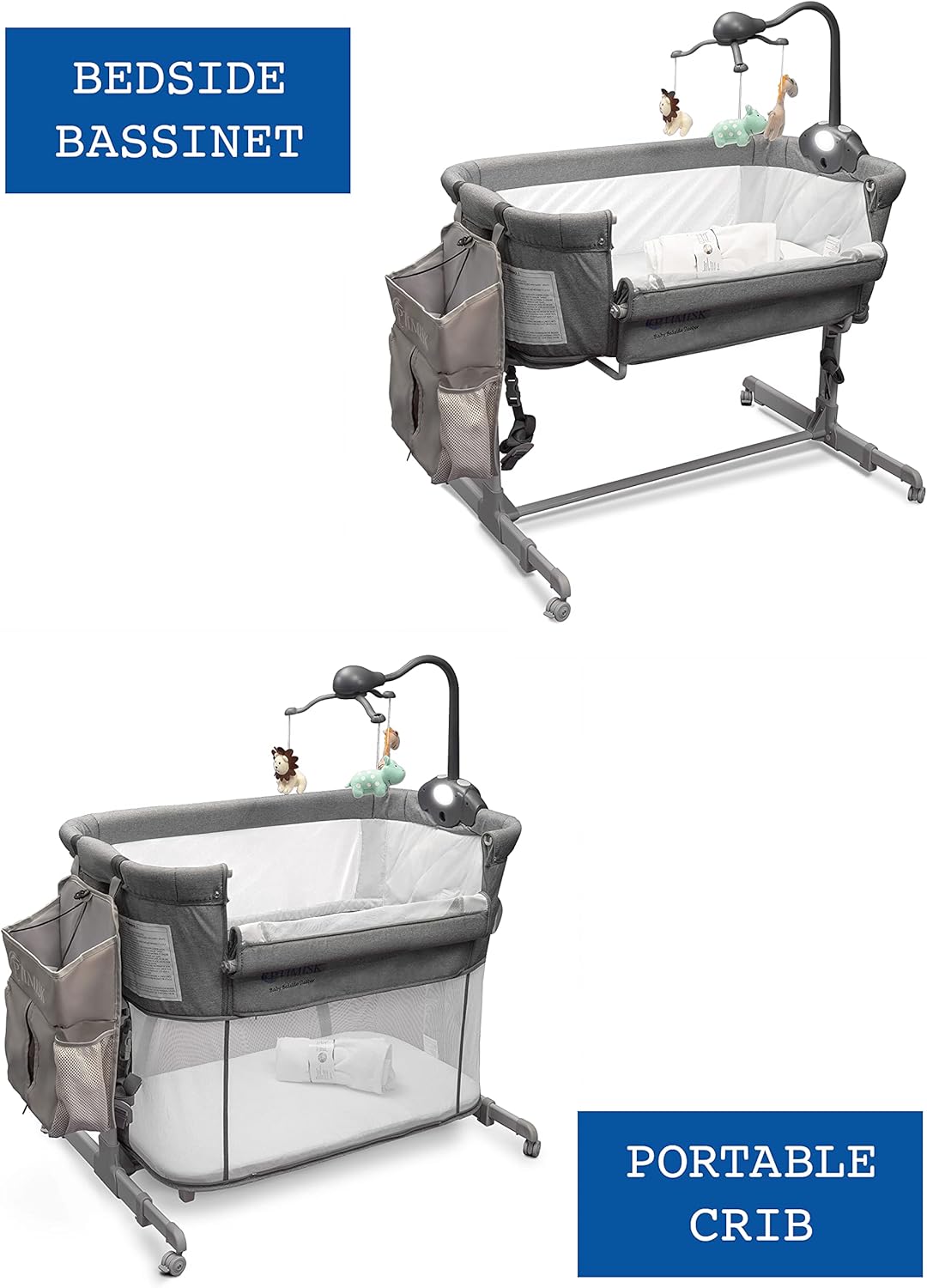 4in1 Bedside Bassinet with Diaper Caddy, 5 Sheets, Mobile and 4 Spinner Wheels E94056