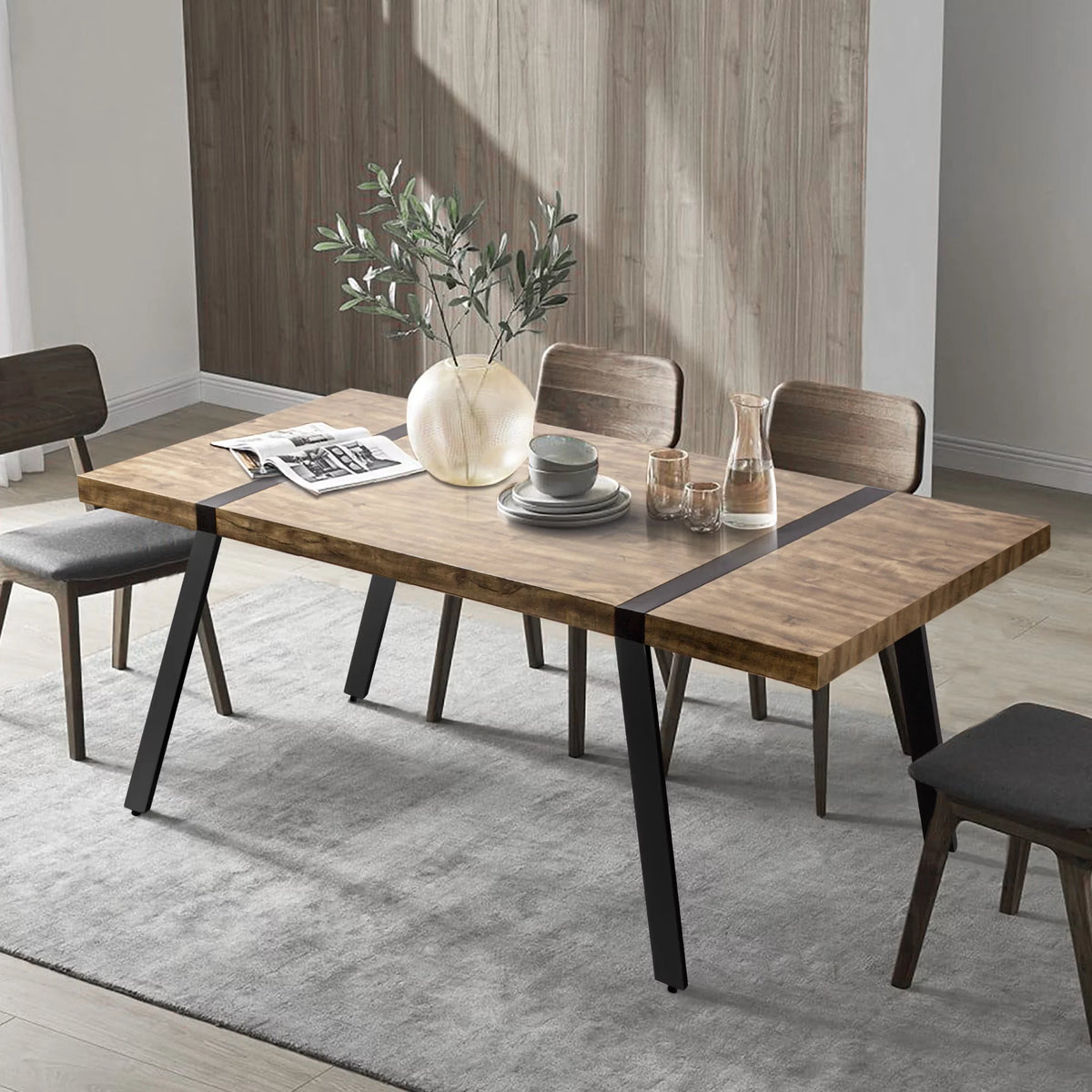 71"W x 32"D Rectangle Dining Kitchen Table, 6 Persons, Light Walnut H85515