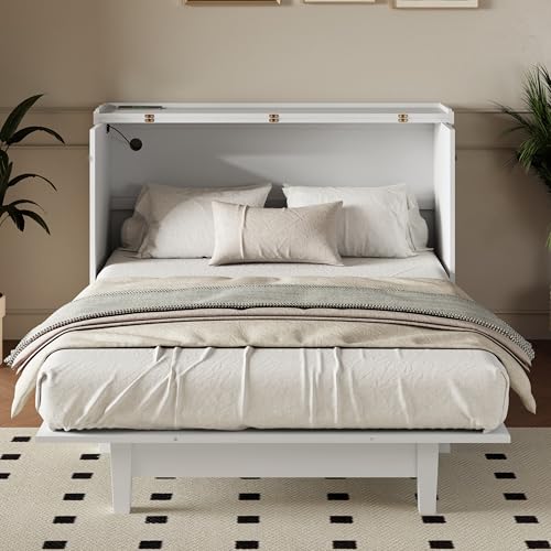 Queen Size White Solid Pine Murphy Bed with Charging Station and Drawer J45669