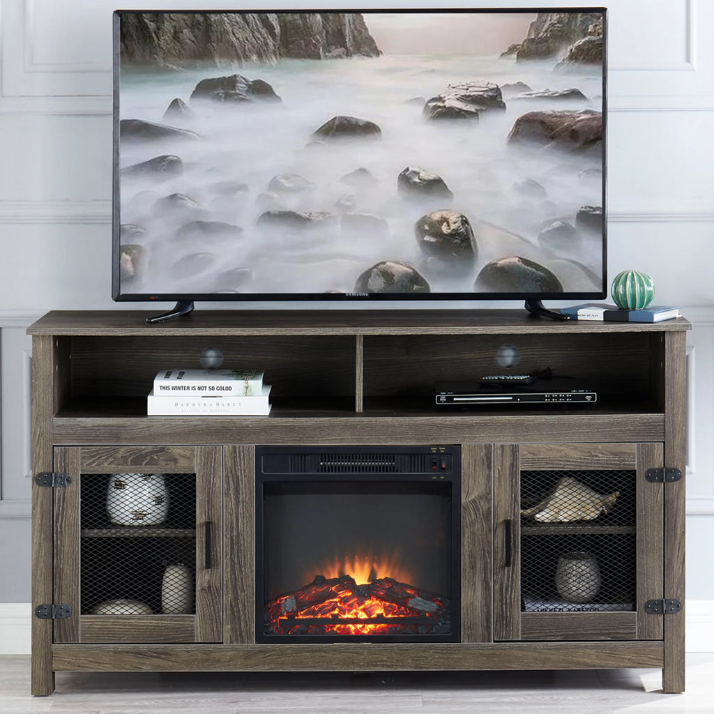 Grey TV Stand with Electric Fireplace and Storage Cabinet W5539