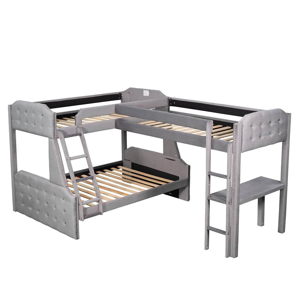 Gray Upholstered Twin over Full Bunk Bed with Built-in Desk L70716