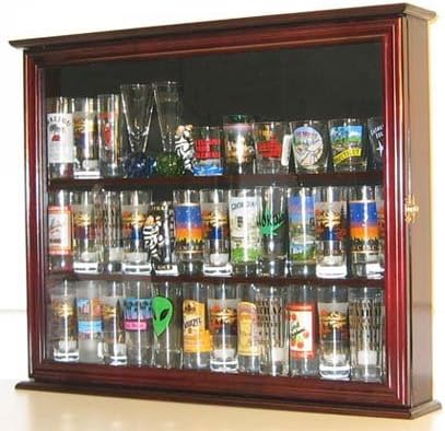 Shot Glass Display Case Wall Curio Cabinet Shadow Box Mahogany Finish B66813