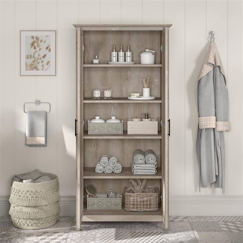 Washed Gray Engineered Wood Bathroom Storage Cabinet with Doors T584131