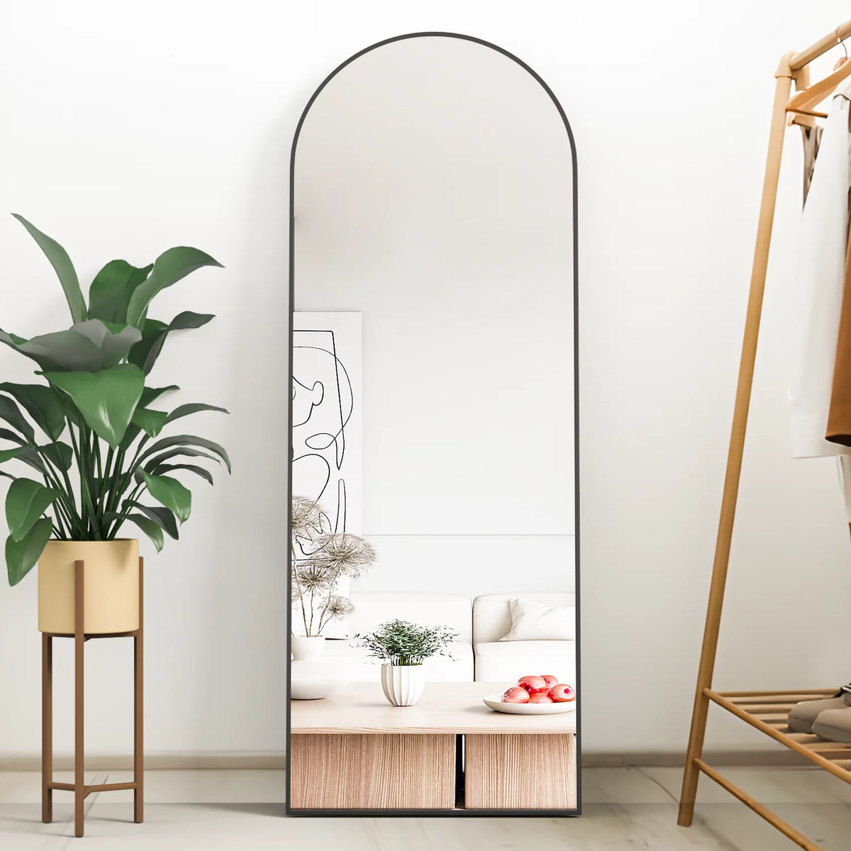 Black Arched Full Length Floor Mirror with Stand Y571932