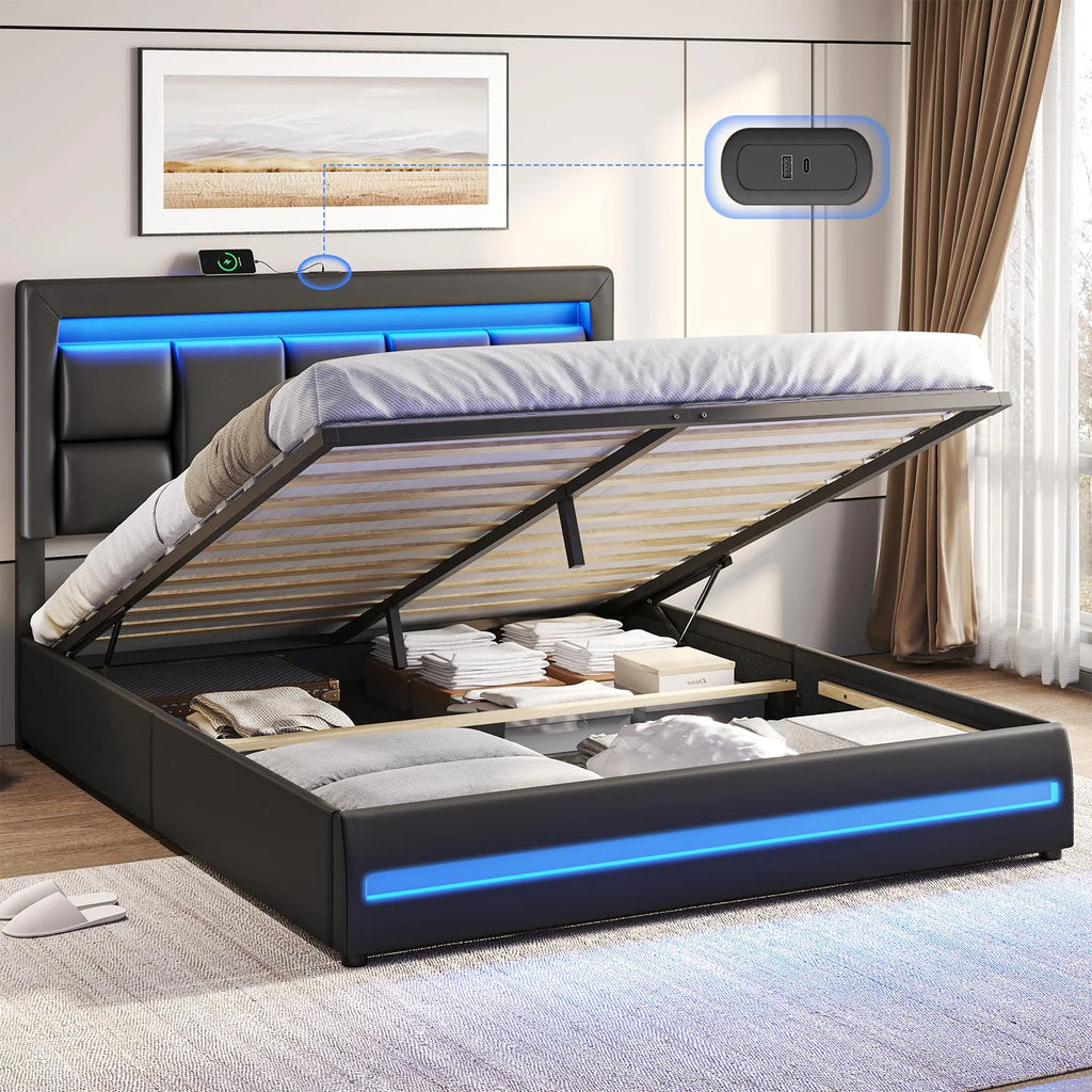 Queen Size Lift Up Storage Upholstered Platform Bed Frame with Charging Ports and LED Lights G42351