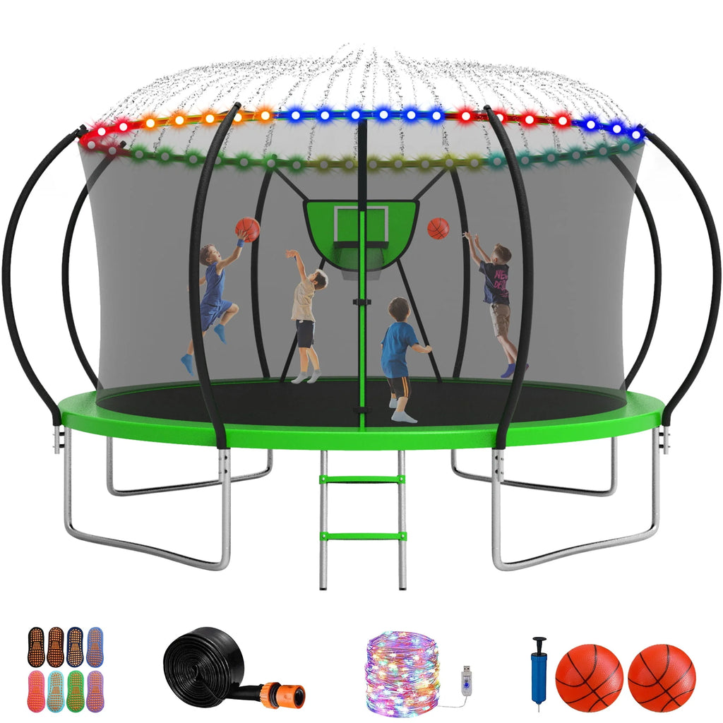 12FT 14FT Trampoline with Enclosure, Basketball Hoop, LED Light and Sprinkler T297618