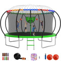 12FT 14FT Trampoline with Enclosure, Basketball Hoop, LED Light and Sprinkler T297618