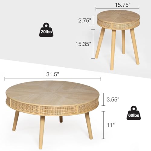 Round Coffee Table Set with Rattan, Natural, 2Pack A388