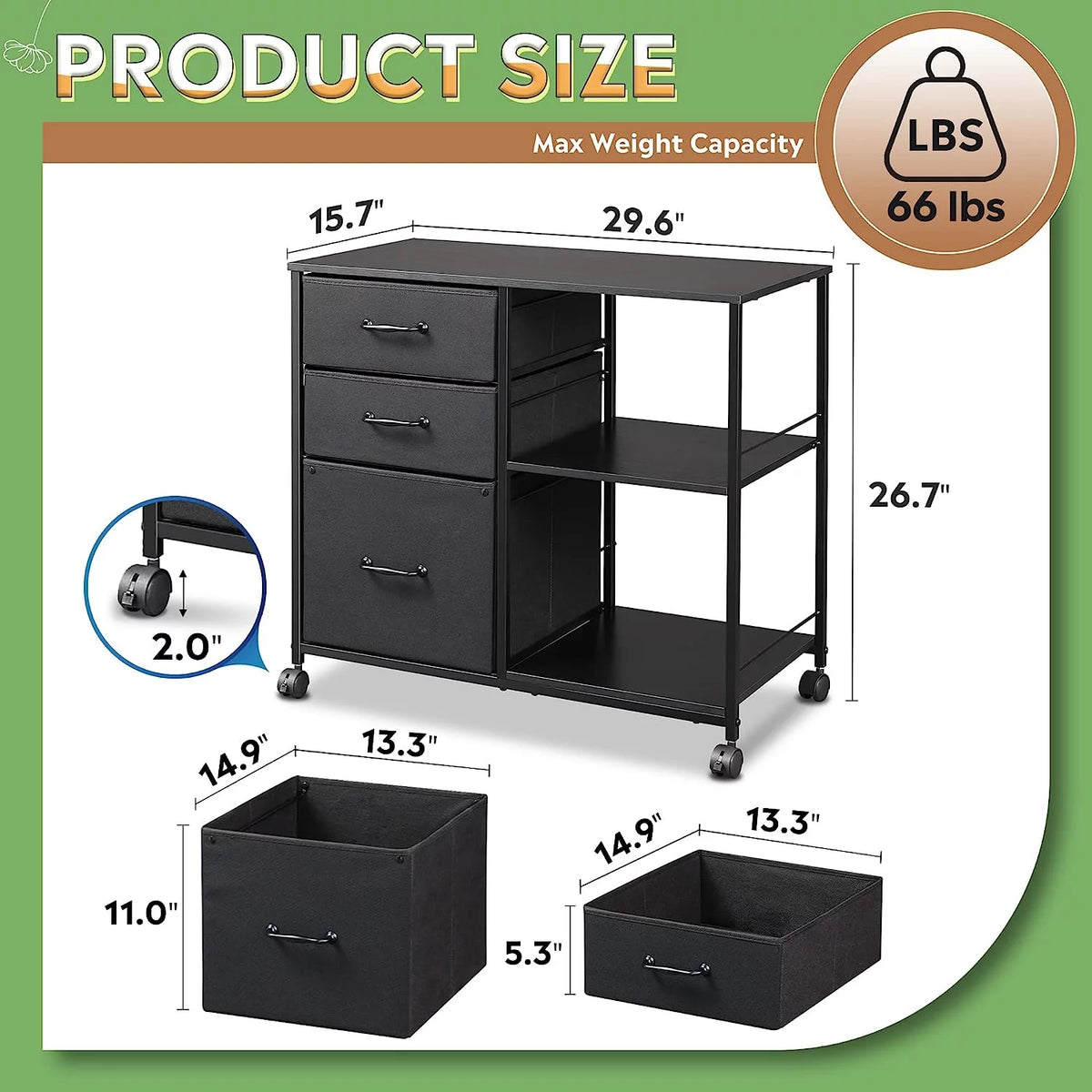 3 Drawer Mobile File Cabinet with Storage Shelf, Black V628896