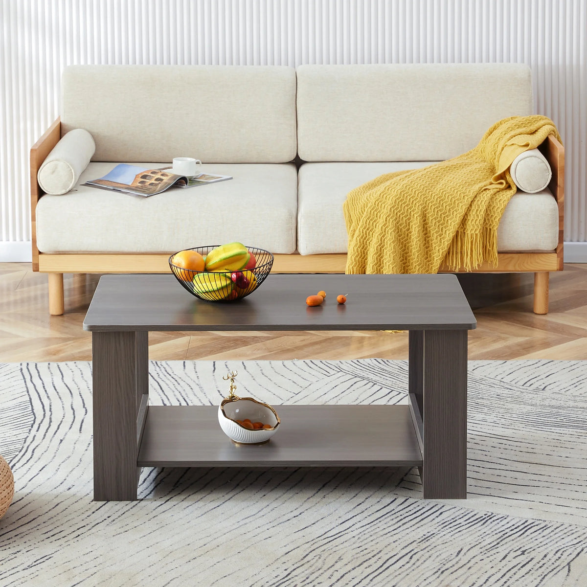 Gray Wood Grain Double Layered Rectangular Coffee Table B460699