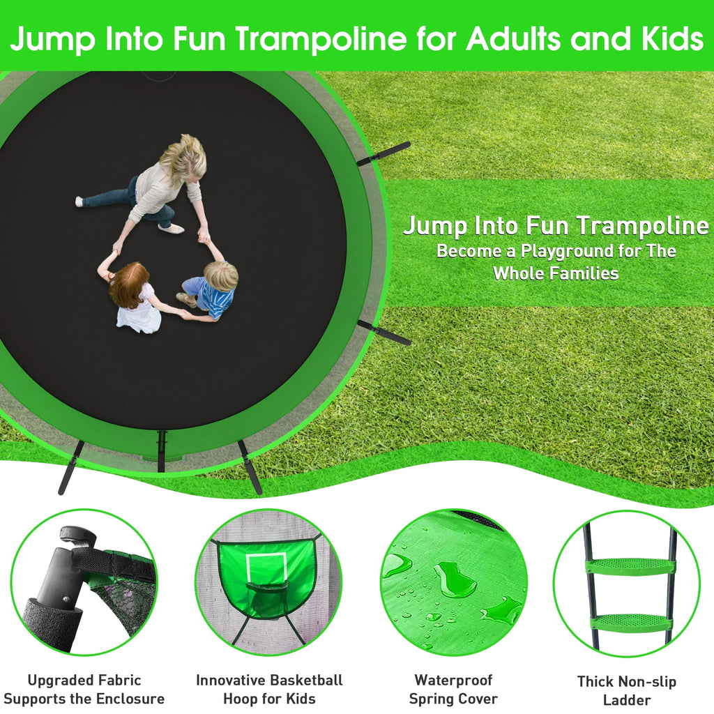 12FT 14FT Trampoline with Enclosure, Basketball Hoop, LED Light and Sprinkler T297618