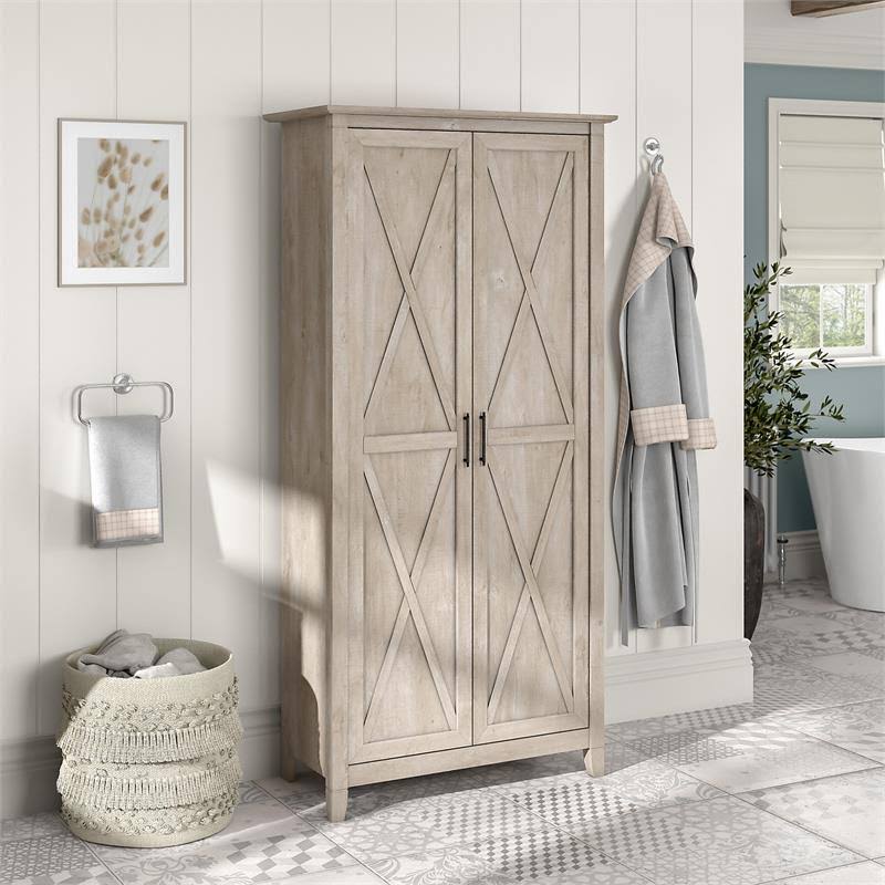 Washed Gray Engineered Wood Bathroom Storage Cabinet with Doors T584131