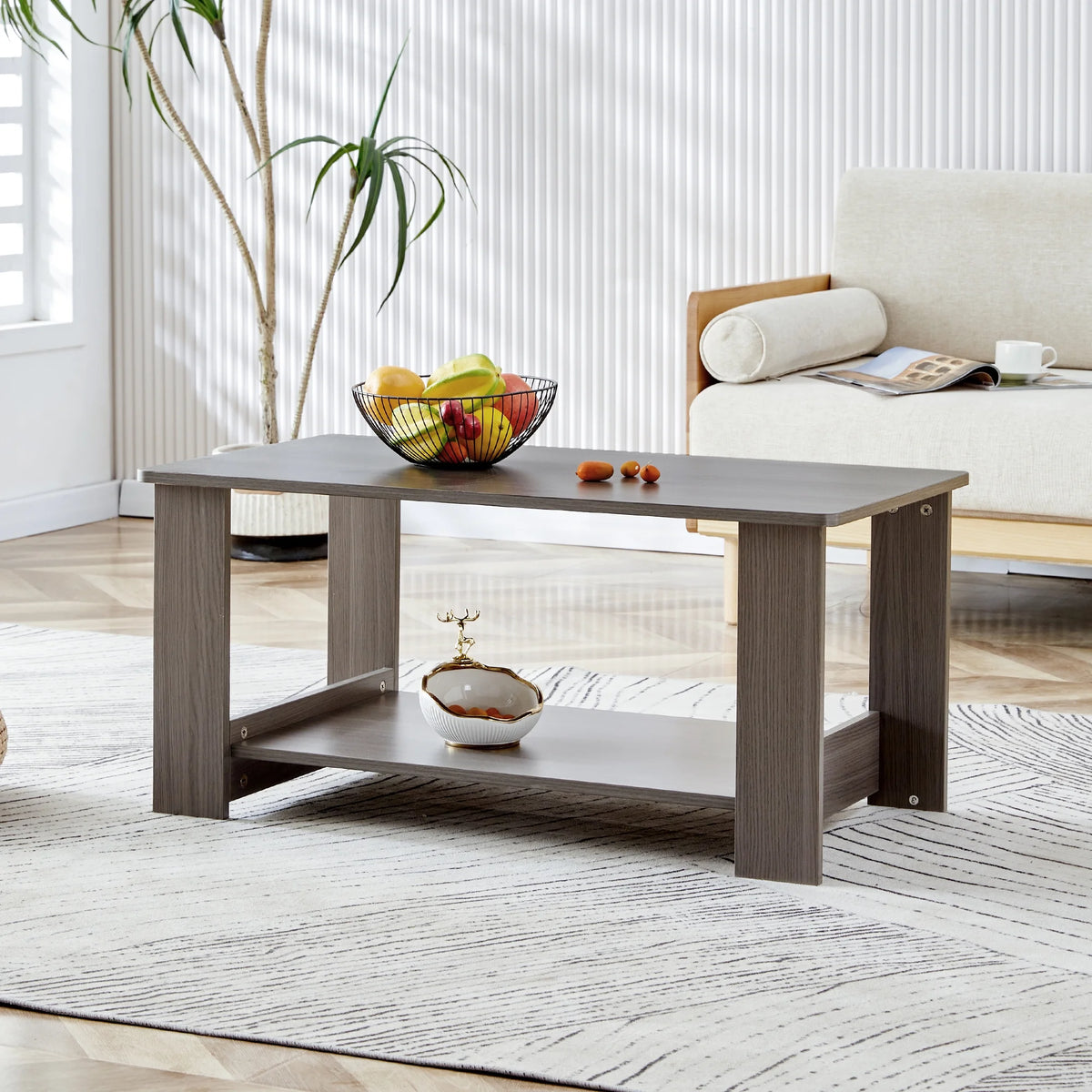 Gray Wood Grain Double Layered Rectangular Coffee Table B460699