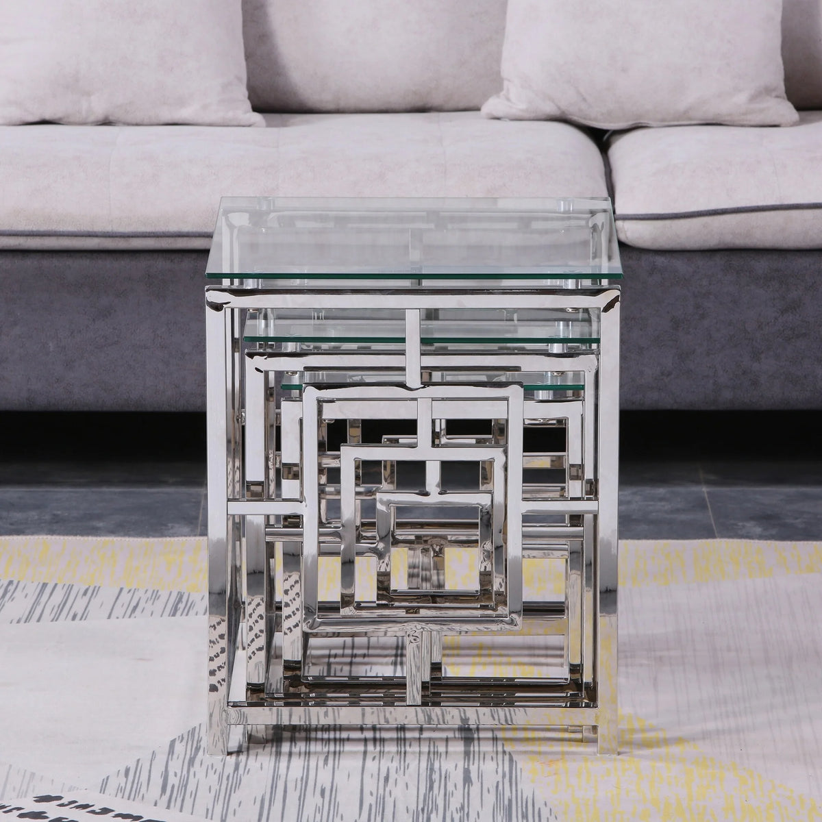 Set of 3 Metal Nesting Tables Glass End Tables R767