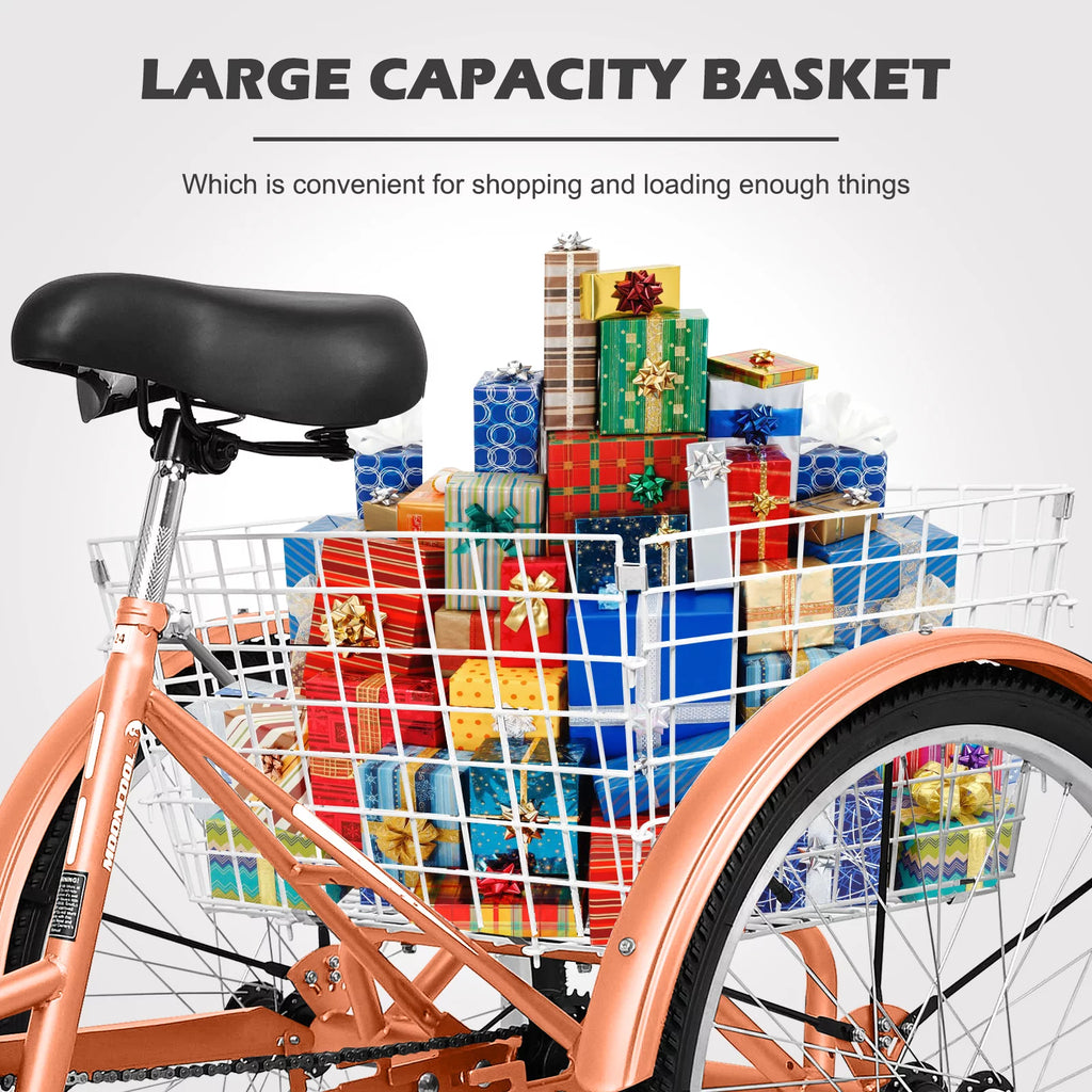 24" 7-Speed 3 Wheel Adult Tricycle with Baskets, Orange P134